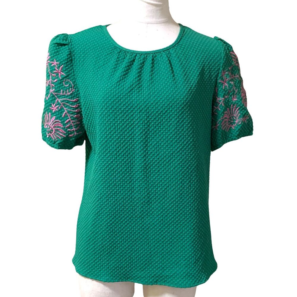 Green Textured Puff Sleeve Pink Embroidered Blouse Women's Short Sleeve Top